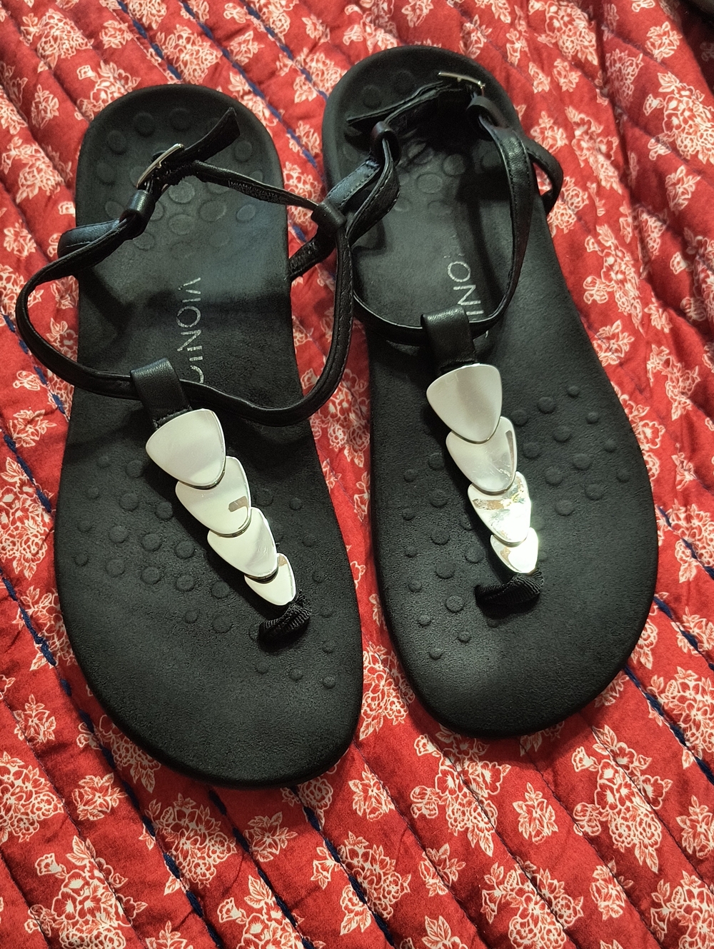 Vionic Black T-Strap Sandals with Silver Accents